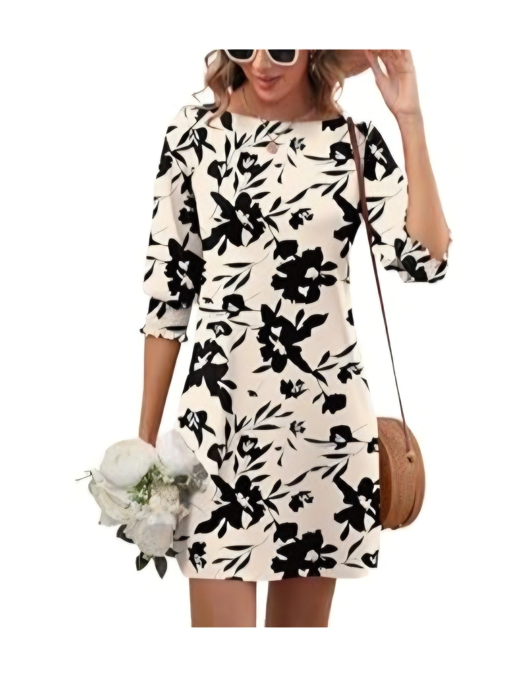 Black & Ceam Floral Mini Dress, Pockets, Lightweight Shift, Sz L